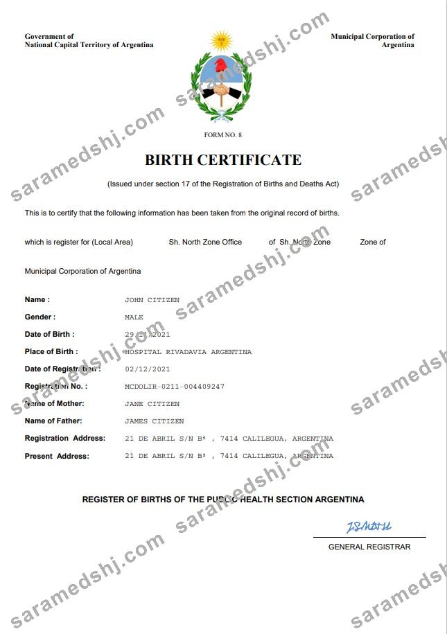 Argentina birth certificate Word and PDF template